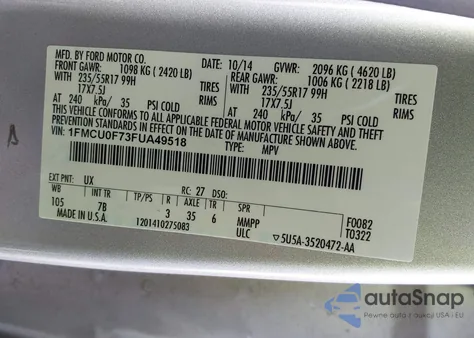 2015 Ford Escape S из США, поврежденный, VIN 1FMCU0F73FUA49518